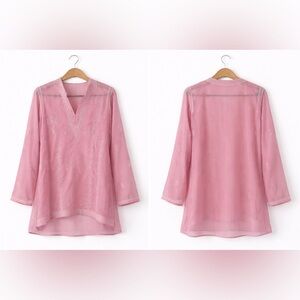 Women's Pink Embroidered V-Neck Tunic Top